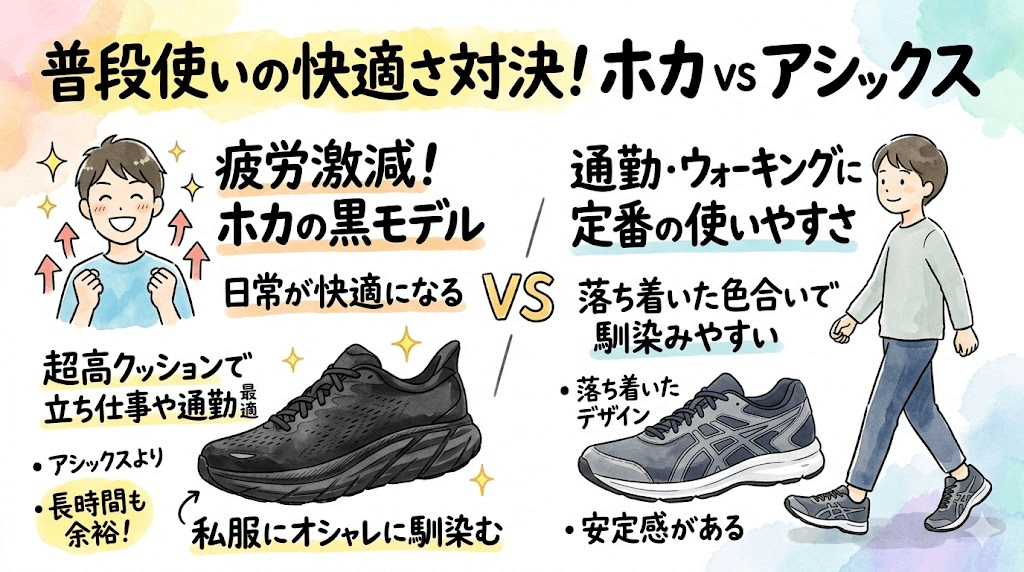 普段使いの快適さ：ホカの黒モデルは立ち仕事や日常の疲労も軽くなる