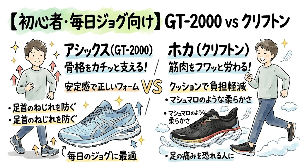 【初心者・毎日のジョグ向け】骨格を支えるGT-2000 vs 筋肉を労わるクリフトン