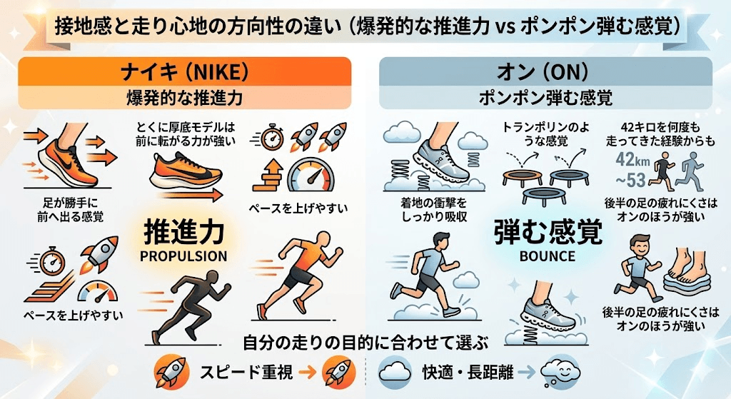 接地感と走り心地の方向性の違い（爆発的な推進力 vs ポンポン弾む感覚）