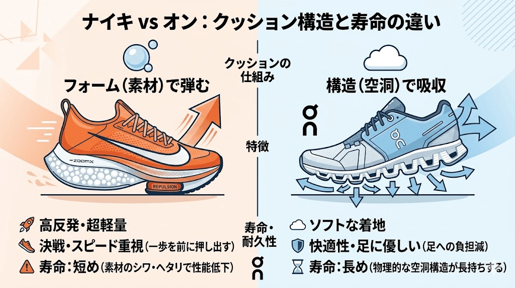 クッション構造と寿命の違い（ZoomX・React vs CloudTec）