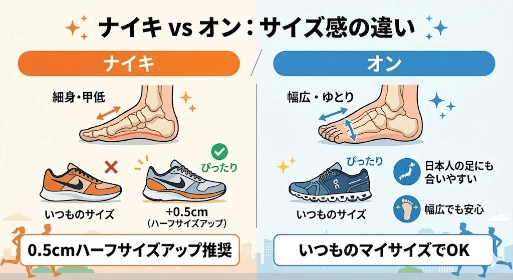 サイズ感の違い（ハーフサイズアップ推奨 vs いつものマイサイズでOK）