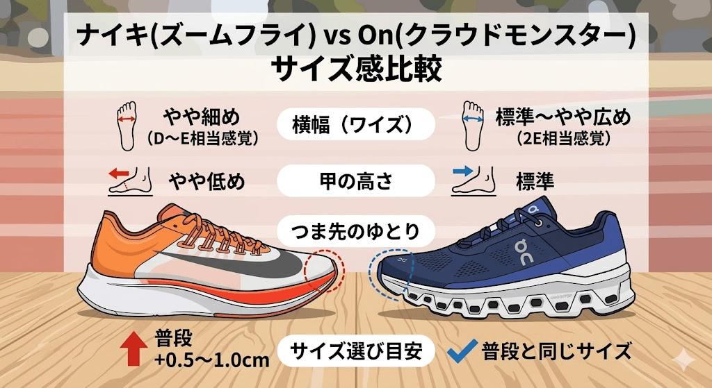 ナイキ・オンランニングシューズの代表的なシューズのサイズ感比較