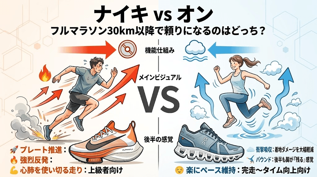 【フルマラソン視点で比較】過酷な「30kmの壁」以降で頼りになるのはどっち？