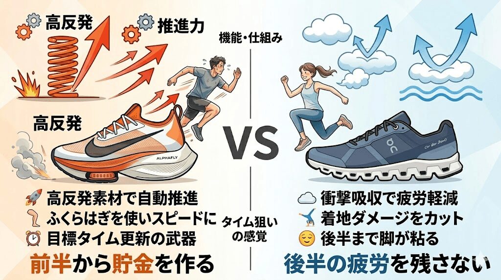 結論、前半から積極的にタイムの貯金を作るならナイキ、後半の疲労を残さないように走るならオン。