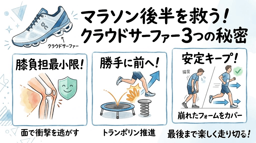 【オンのクラウドサーファーが後半の走りを助ける機能的メリット】