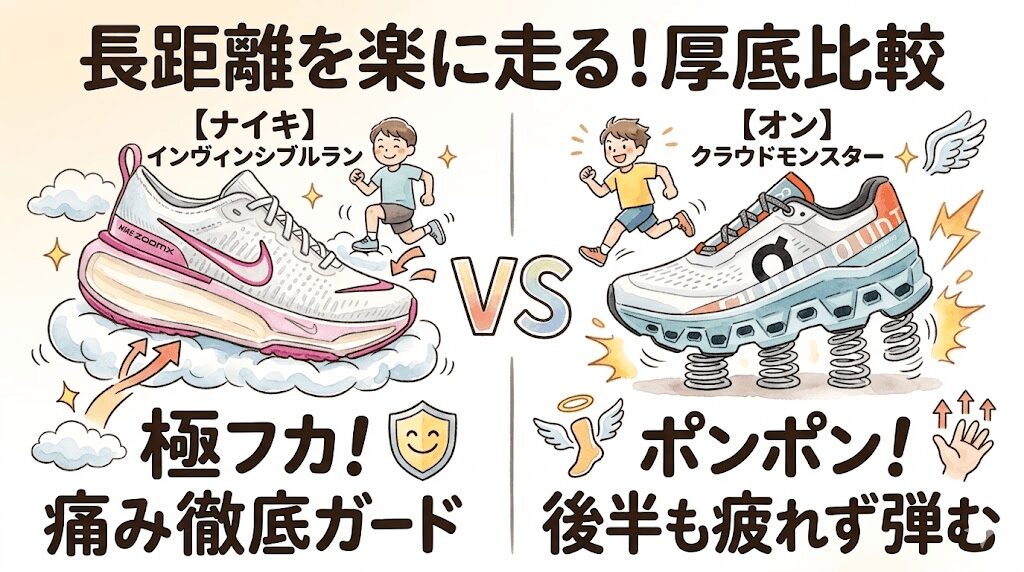 疲れや足の痛みにくい長距離を楽に走りたい人向け（インヴィンシブルラン vs クラウドモンスター）
