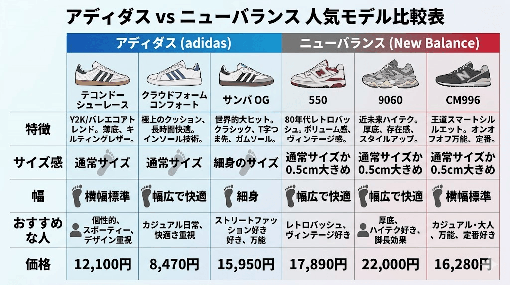 アディダスとニューバランス人気モデル比較表