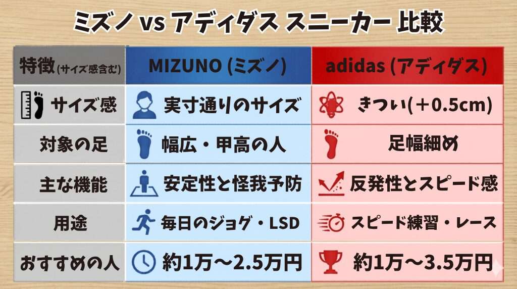 ミズノ vs アディダス スニーカー 比較
