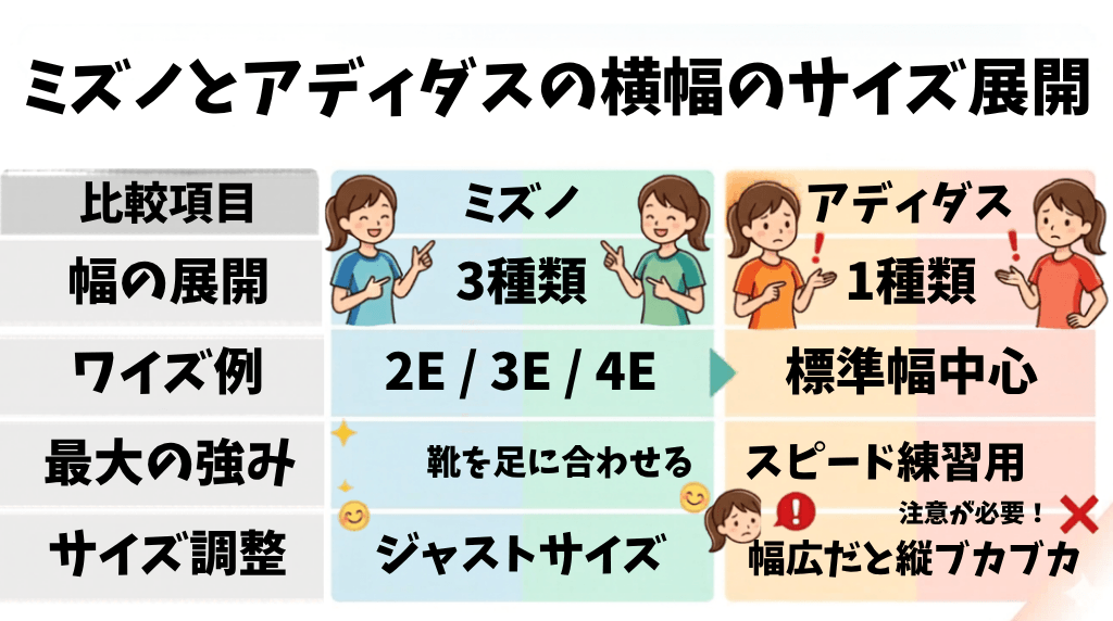 ミズノとアディダスの横幅のサイズ展開