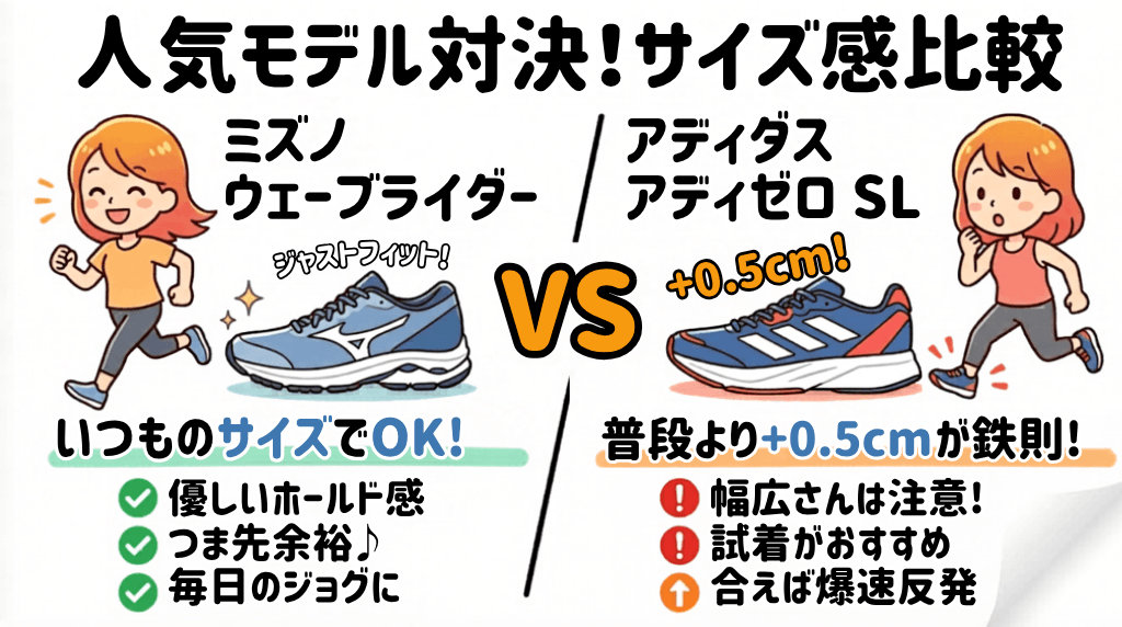 １番人気モデル「ウエーブライダー」vs「アディゼロ SL」のサイズ感