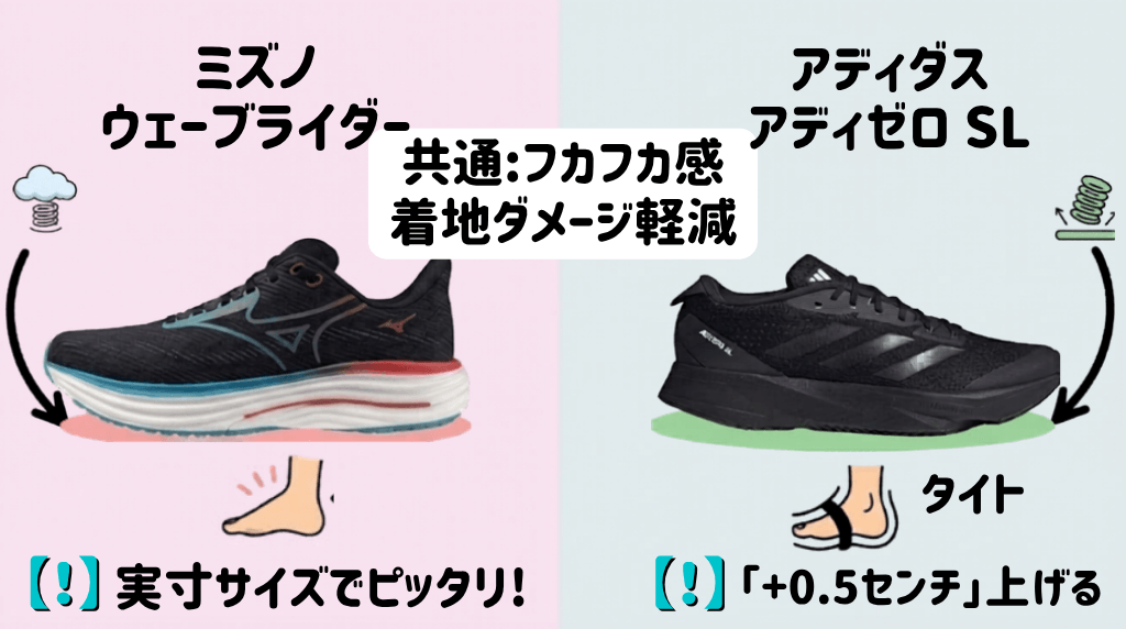 ミズノ「ウエーブライダー」とアディダス「アディゼロ SL(ADIZERO SL)」