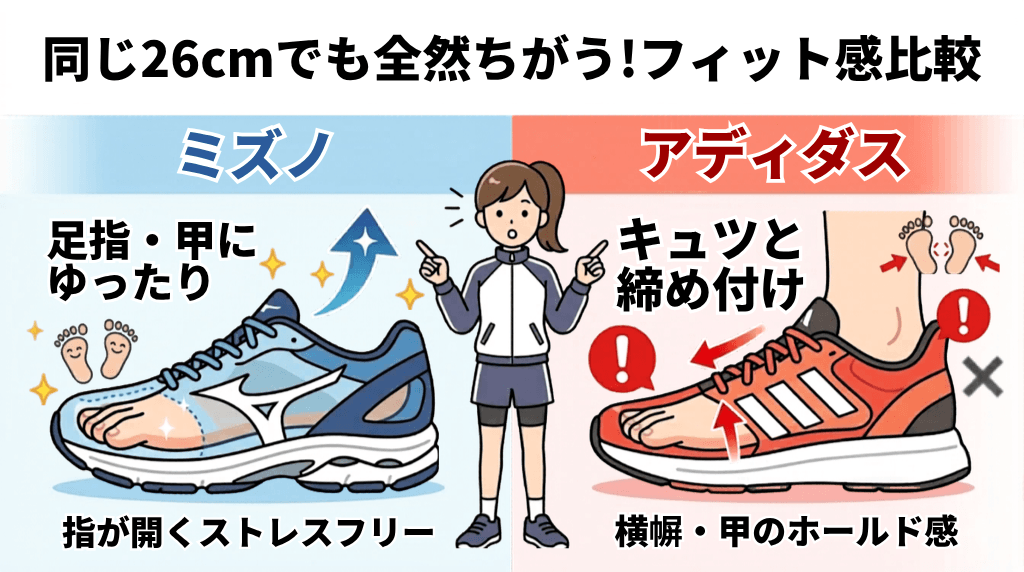 スニーカーが同じ「26センチ」というサイズであっても、ミズノは足の指の周りや甲にゆった