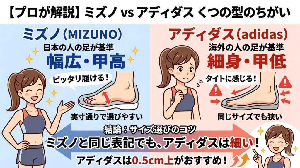 海外と日本のくつの型のちがい：ミズノは大きめ？アディダスは小さめ？