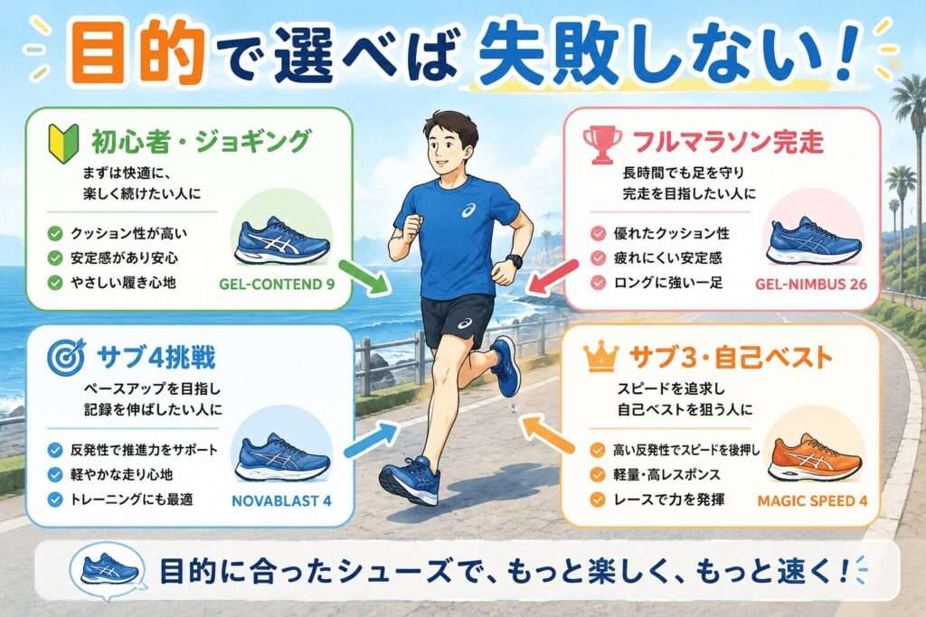 結論:アシックスは目的で選ぶと失敗しない