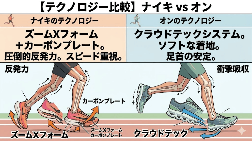 【テクノロジー比較】ナイキとオンランニングシューズの構造・機能性の違い
