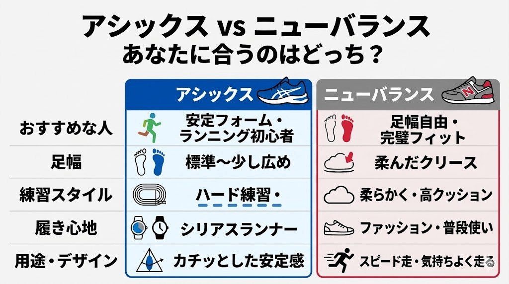 アシックスとニューバランスあなたにあうのはどっち