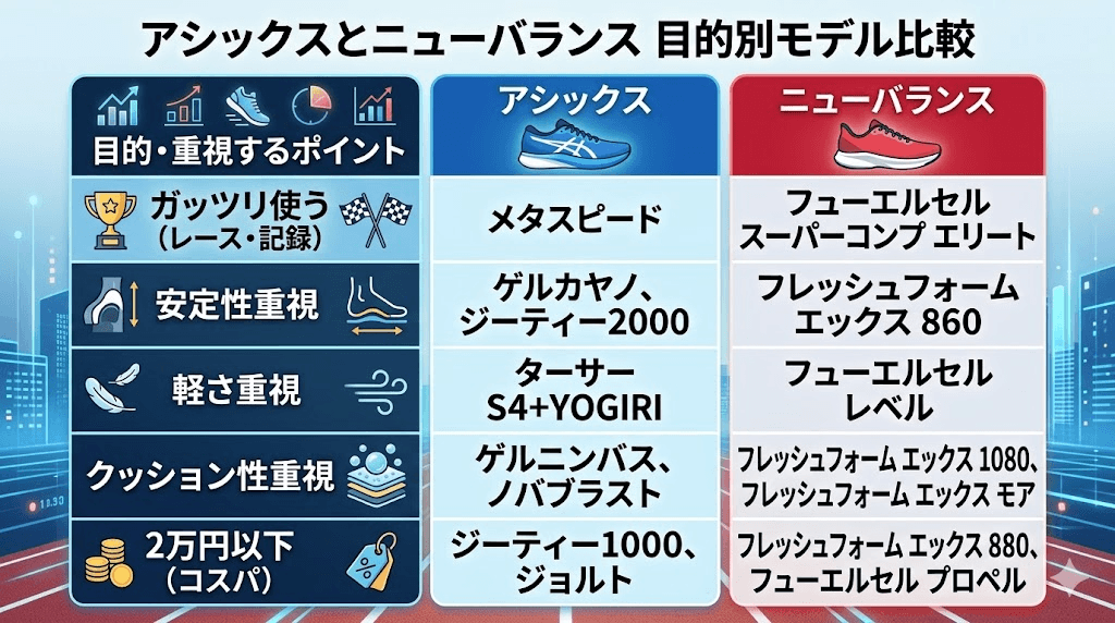 アシックスとニューバランス目的別モデル比較