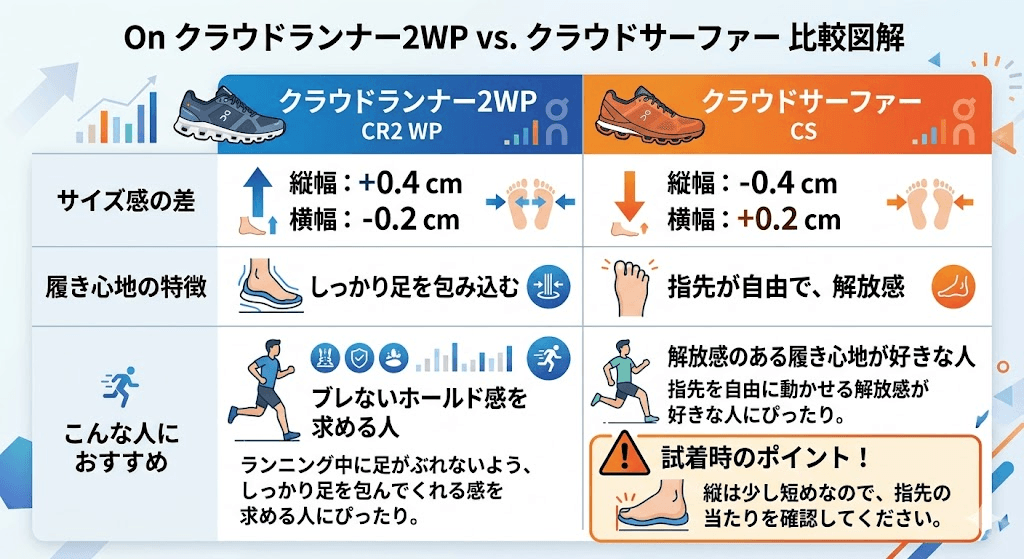 クラウドランナー2WPとクラウドサーファーの縦幅の長さは0.2cm、横幅は0.4cmの差