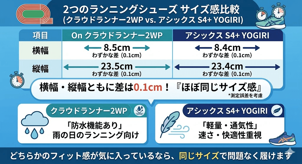 クラウドランナー2WPとアシックスS4+ YOGIRIの横幅・縦幅の差
