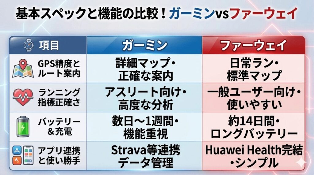 基本スペックと機能の比較!ガーミン vs ファーウェイ