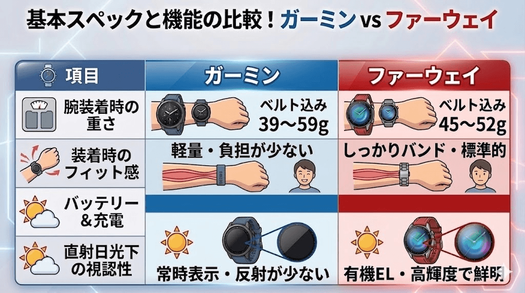 腕に着けて比較!重さ・フィット感・直射日光下での画面の見やすさ ガーミン vs ファーウェイ