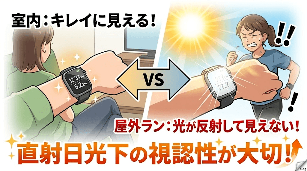 【画面の見やすさ】直射日光下(屋外ラン)での視認性を実機写真でチェック