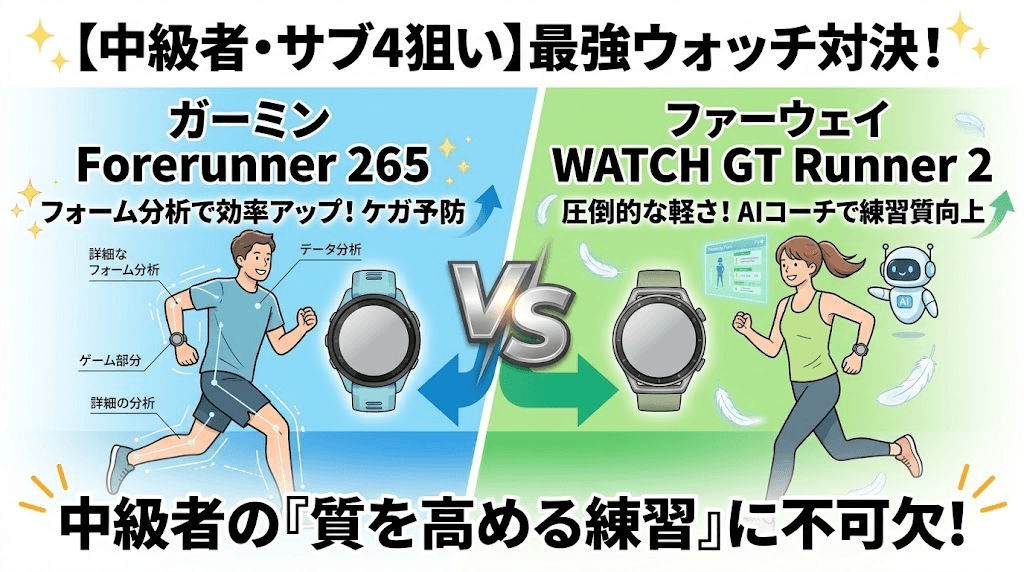 【中級者・サブ4狙い】vs ガーミン Forerunner 265vsファーウェイ WATCH GT Runner 2