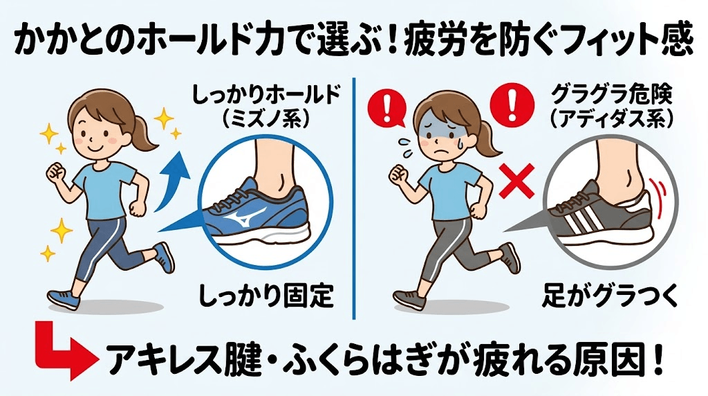 かかとを支える力のちがい：きつい・ゆるいを防ぐフィット感