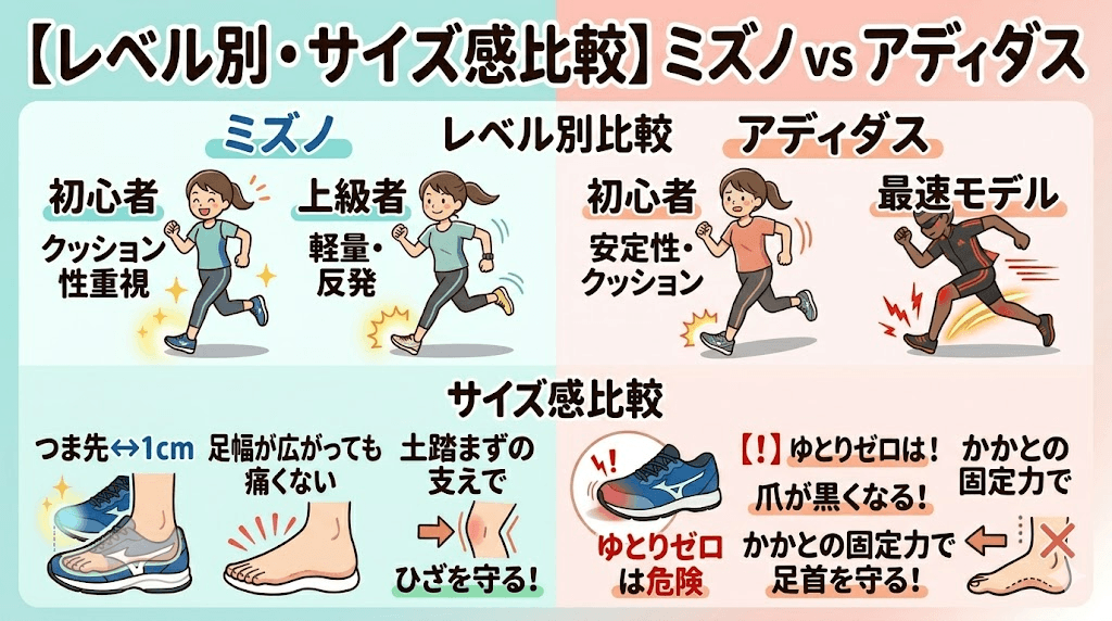 【レベル別・サイズ感比較】ミズノvsアディダスのスニーカーをくわしく解説