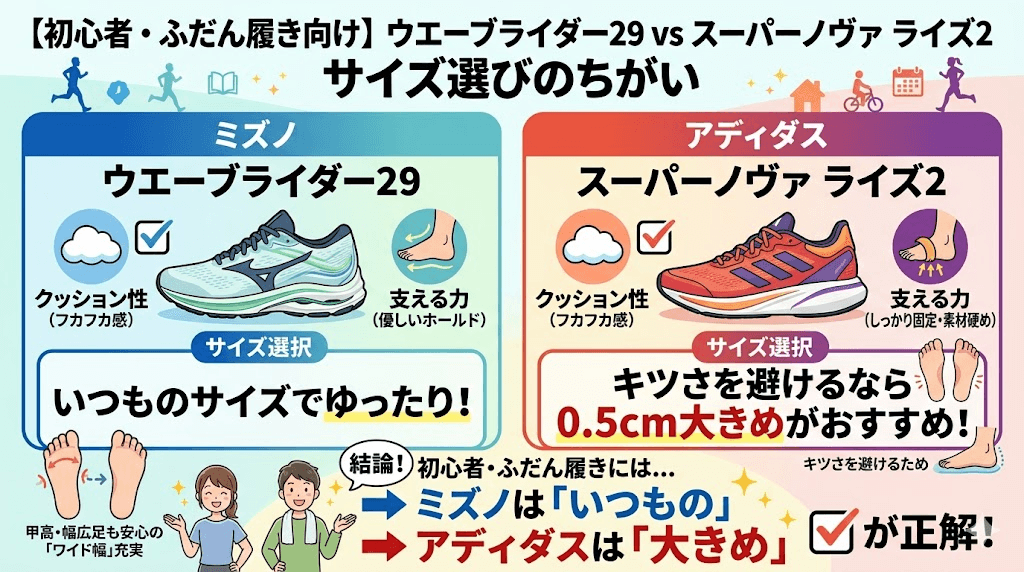【初心者・ふだん履き向け】ウエーブライダー29 vs スーパーノヴァ ライズ2