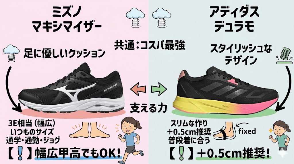 ミズノ「マキシマイザー（MAXIMIZER）」とアディダス「デュラモ（DURAMO）」