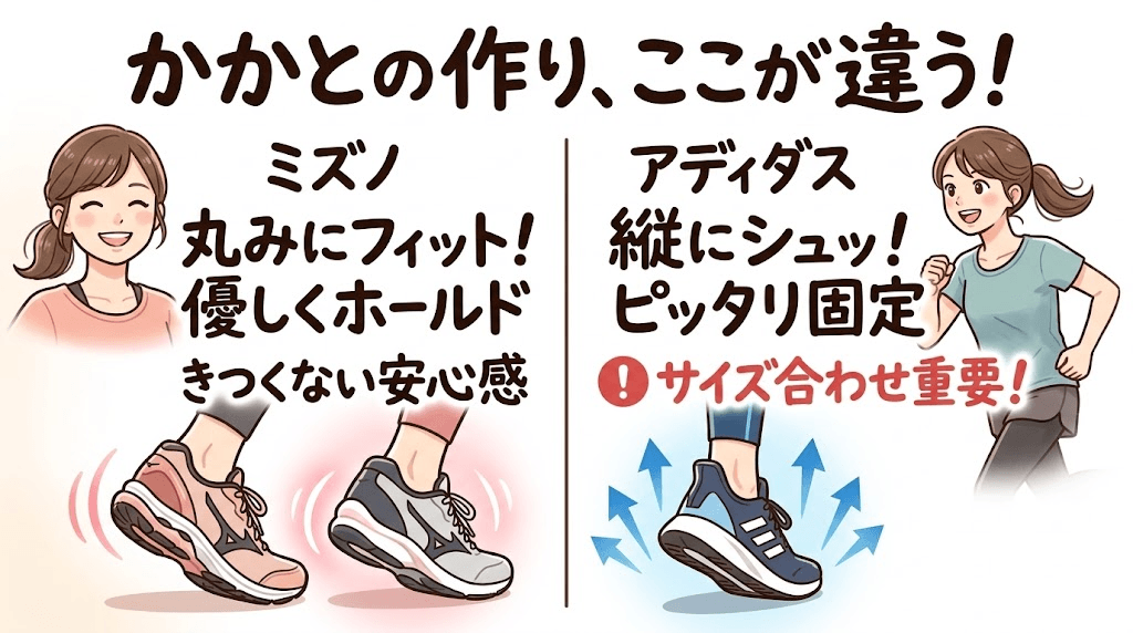 ミズノとアディダスのかかとの作りの違い