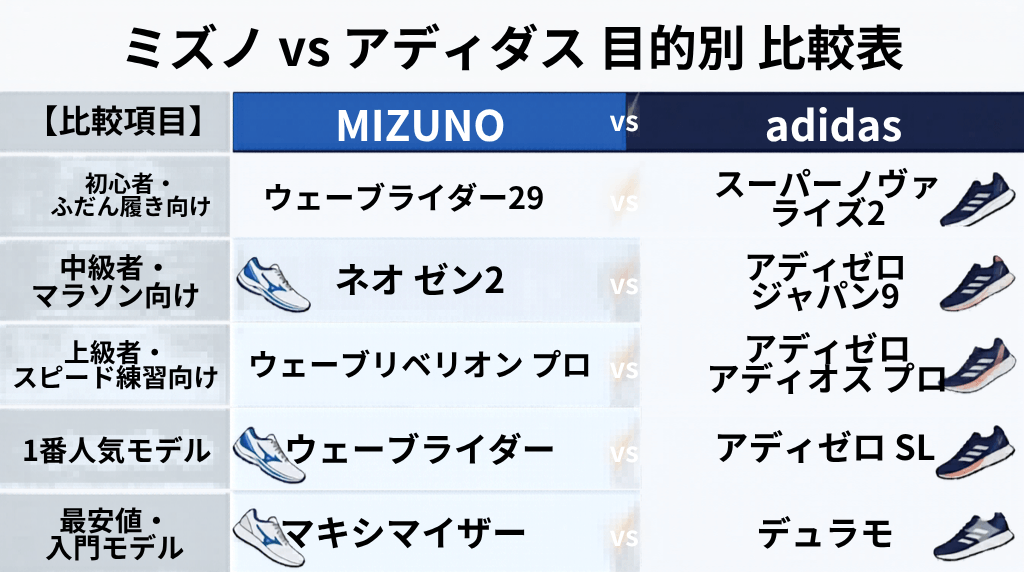 目的別！ミズノとアディダススニーカー一覧をみる