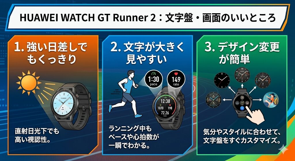 HUAWEI WATCH GT Runner 2の文字盤や画面のいいところ