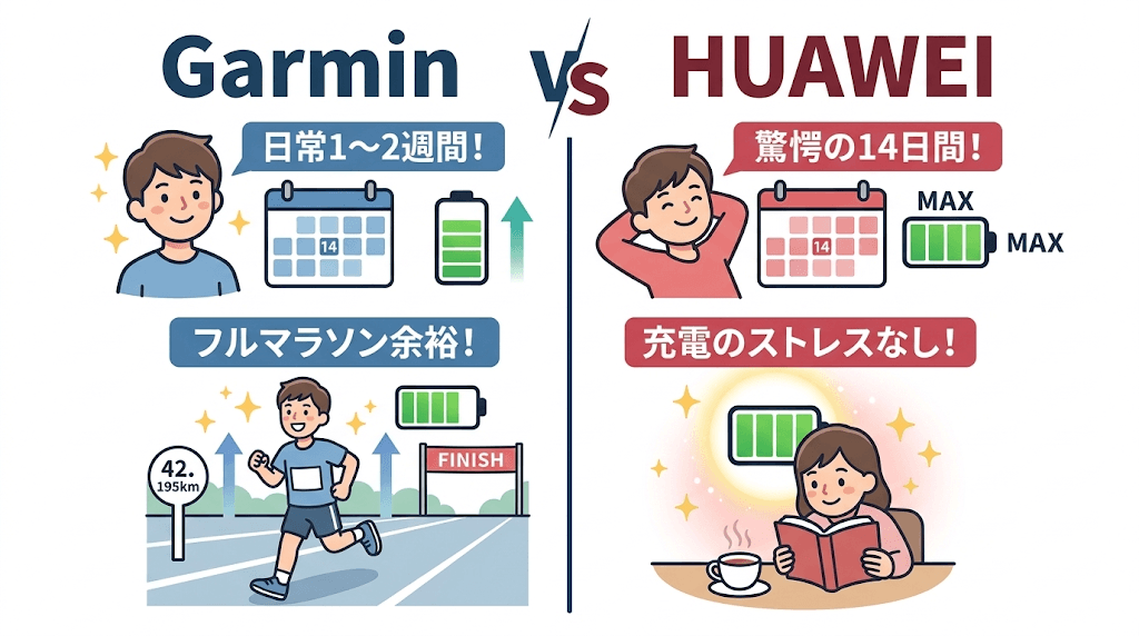 バッテリー持ちと充電のしやすさはファーウェイが約14日間で優れる