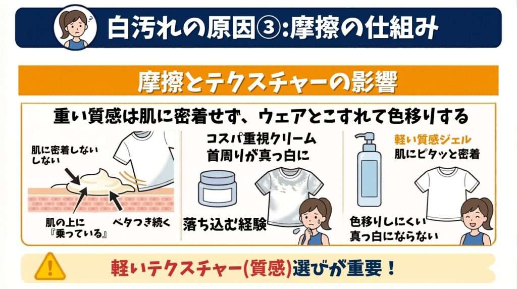 摩擦でこすれて色移りする(テクスチャーが重く密着していない)