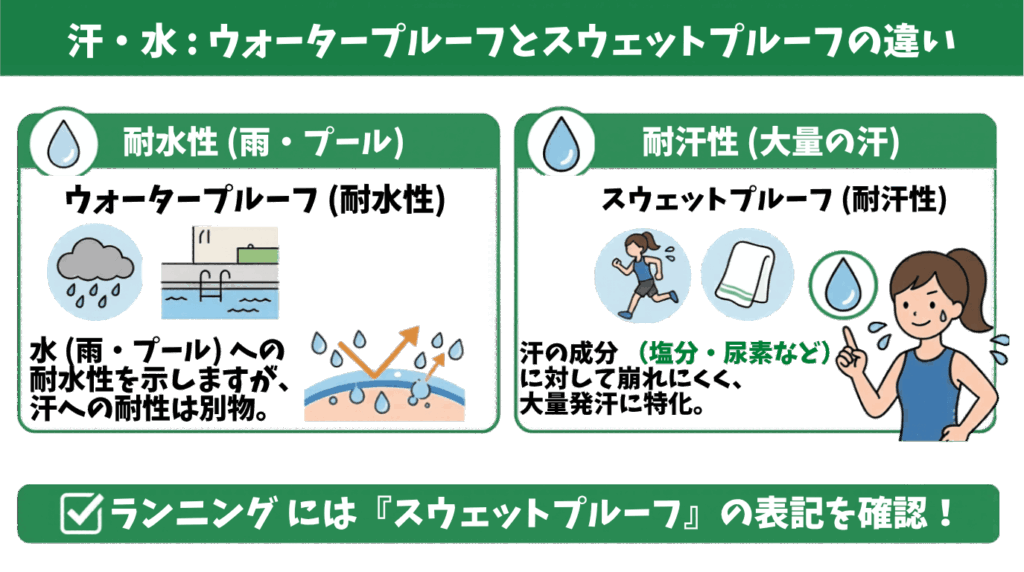 汗・水に強い「ウォータープルーフ(スウェットプルーフ)」機能