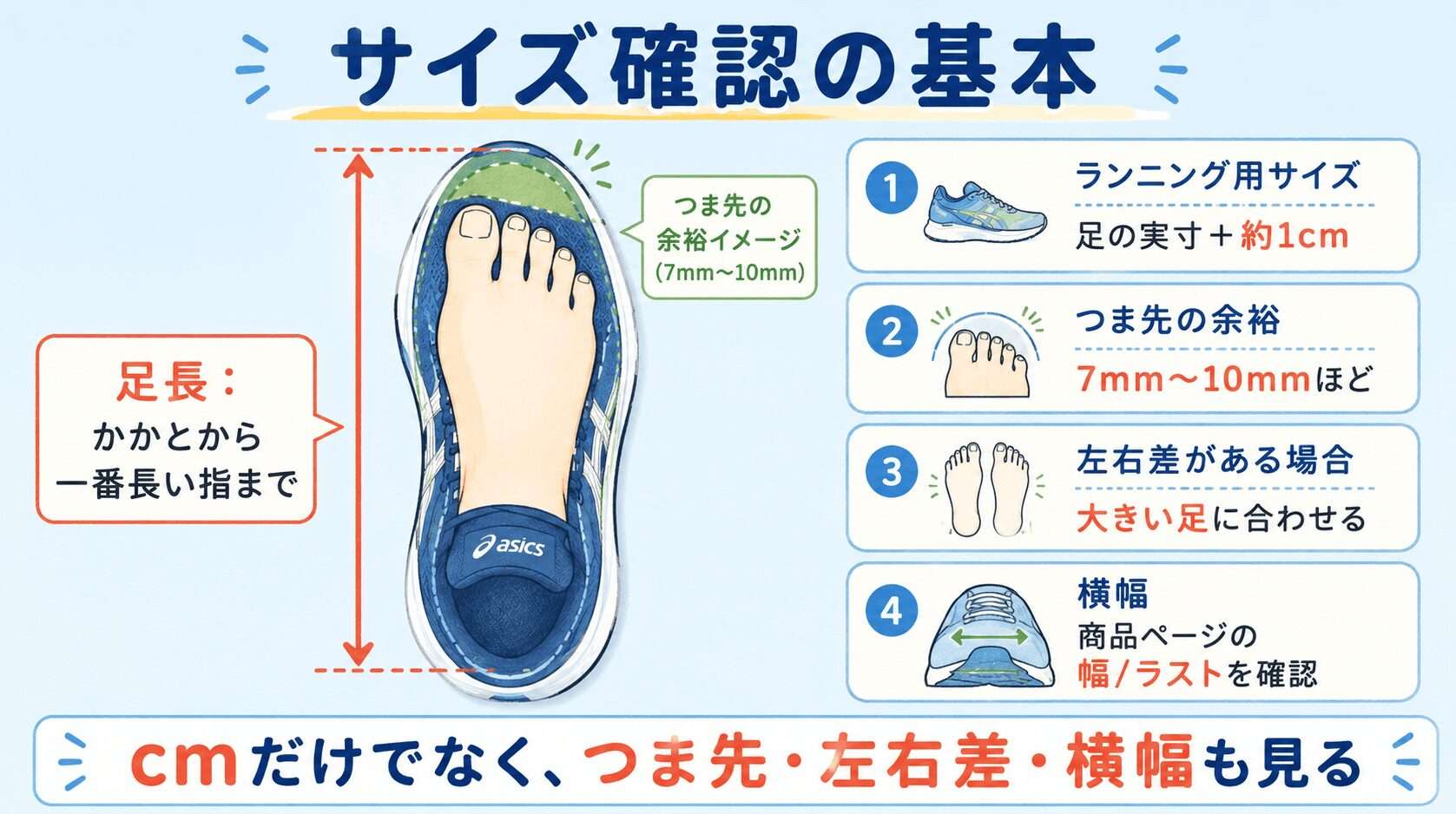 アシックスサイズ確認の基本：cmだけでなく、つま先・左右差・横幅も見る
