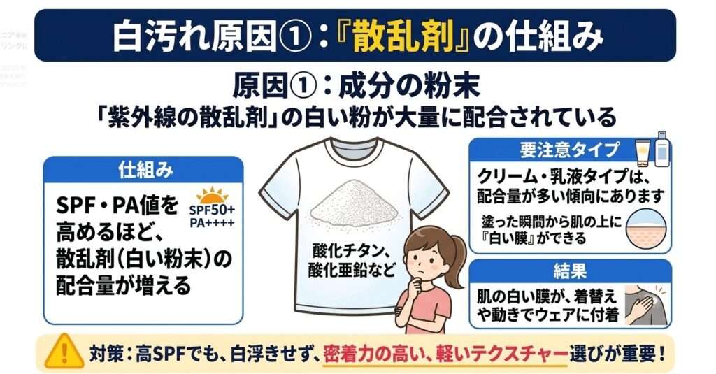 「紫外線の散乱剤」の白い粉が大量に配合されている