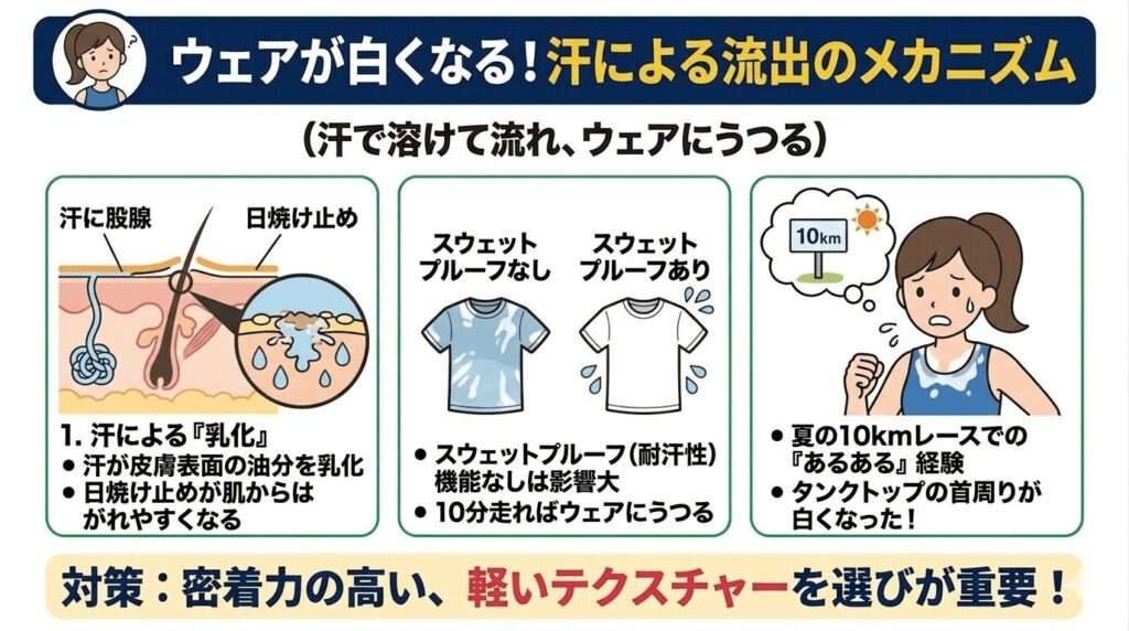 汗で溶けて流れてランニングウェアにうつる