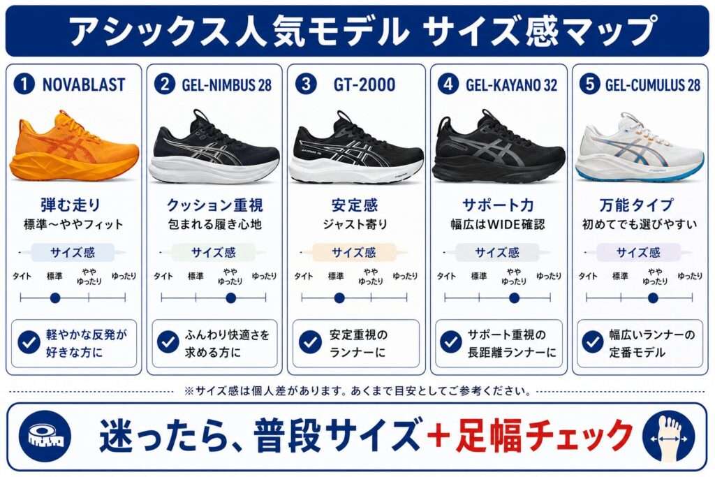【モデル別】アシックスのサイズ感を見るポイント5選