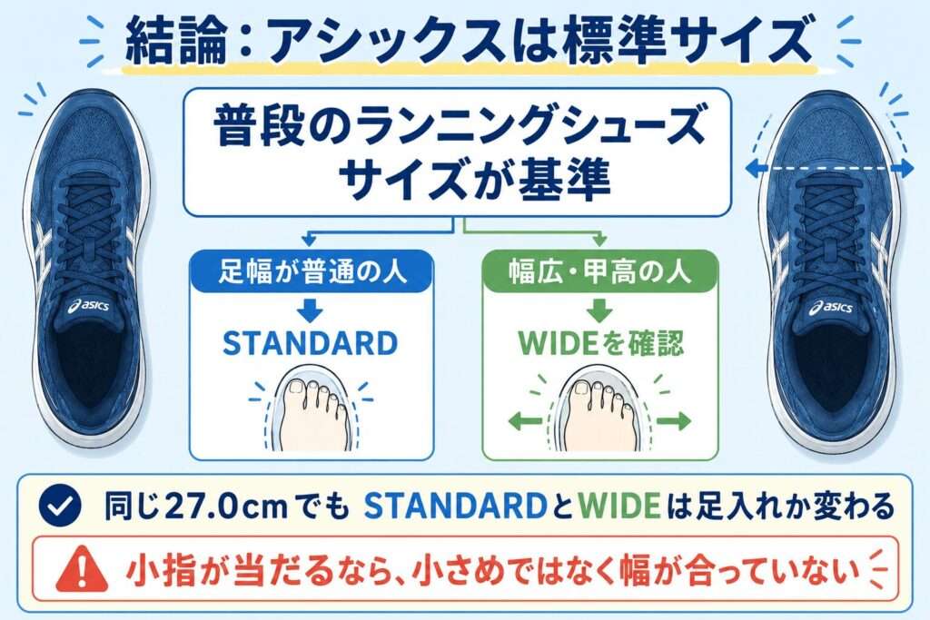 結論、アシックスのランニングシューズのサイズ感は標準サイズ