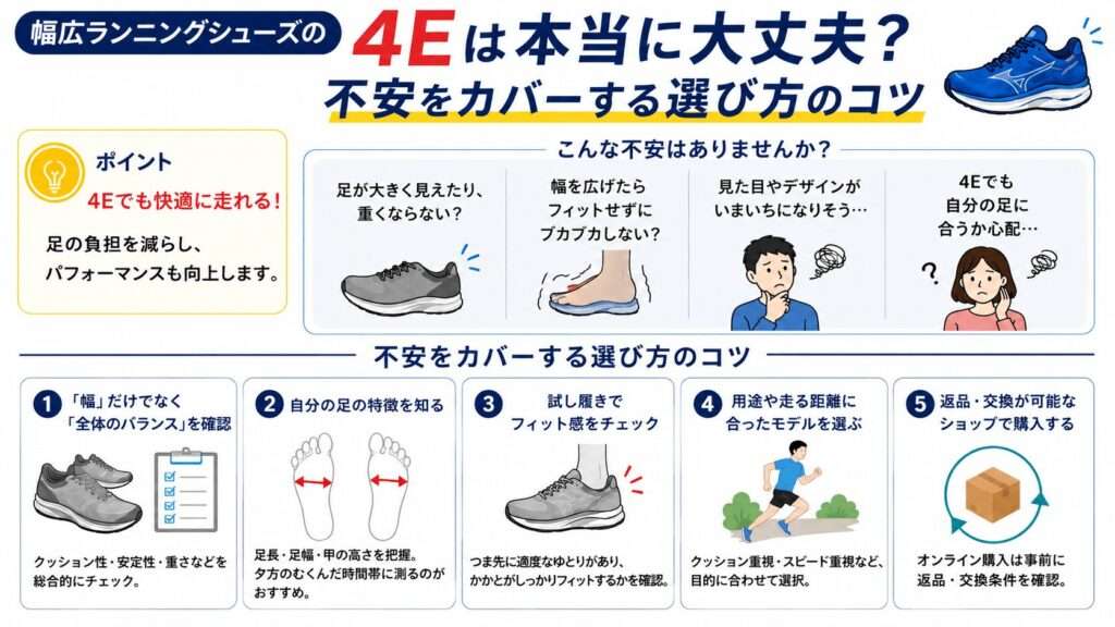 幅広ランニングシューズの4Eは本当に大丈夫？不安をカバーする選び方のコツ