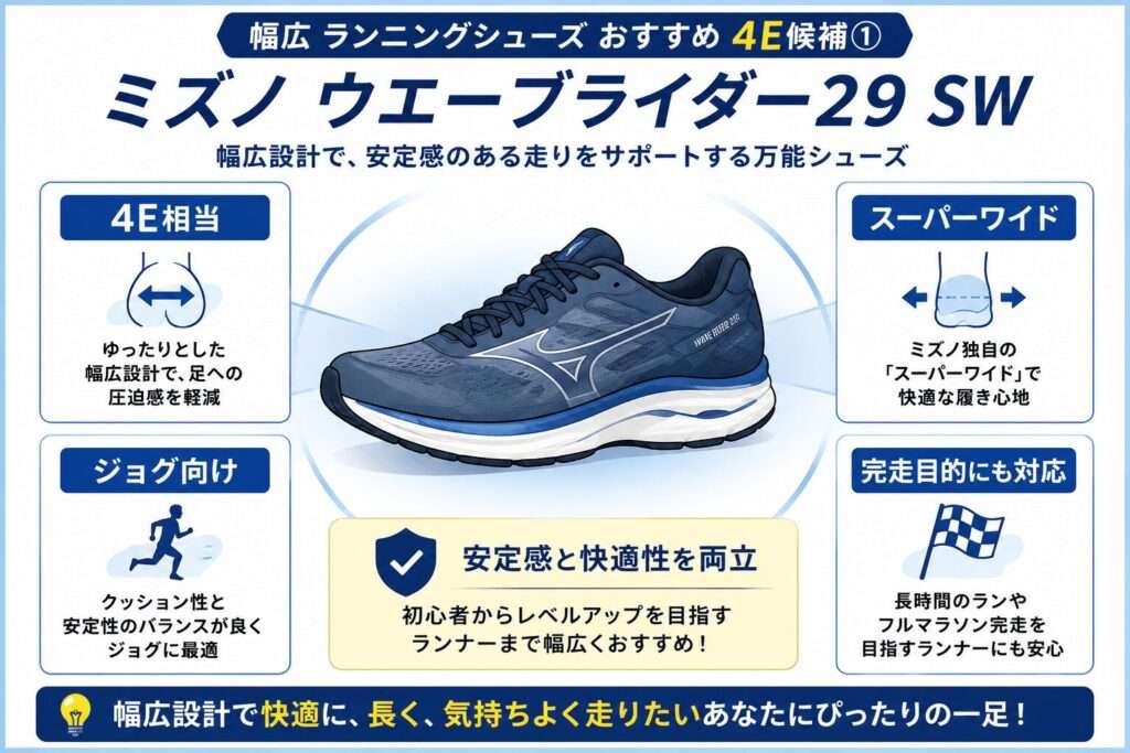 幅広ランニングシューズ 4E ミズノ ウエーブライダー29 SW