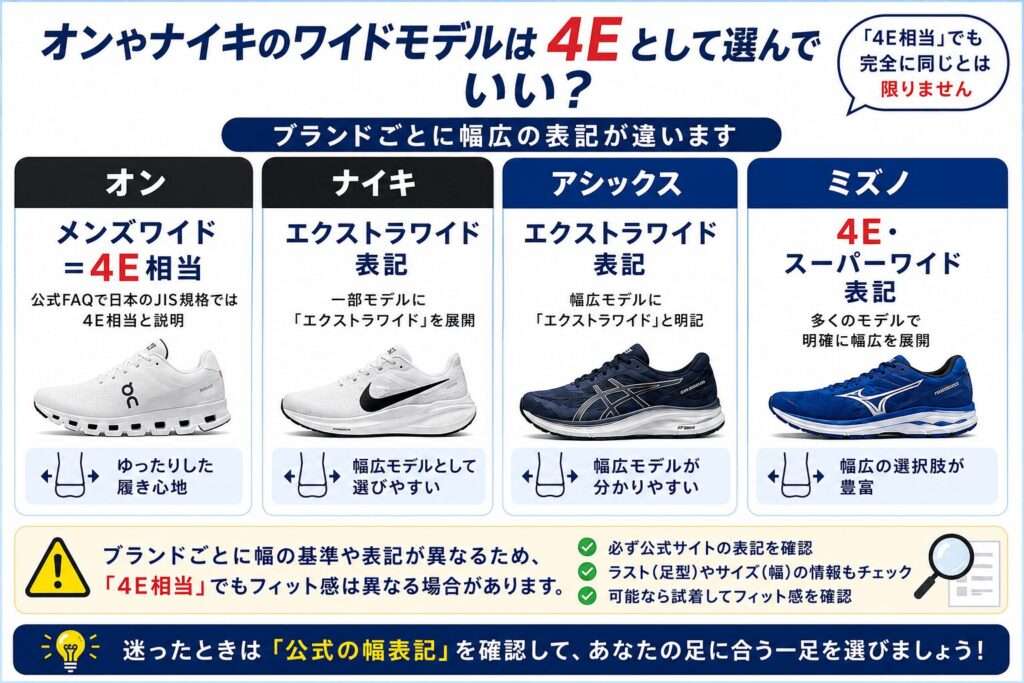 Onランニングシューズのワイドモデル（メンズは4E相当）