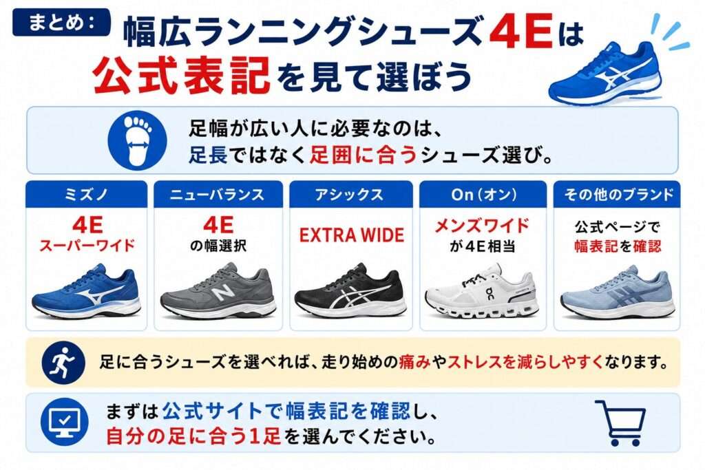 まとめ：幅広ランニングシューズ4Eは公式表記を見て選ぼう