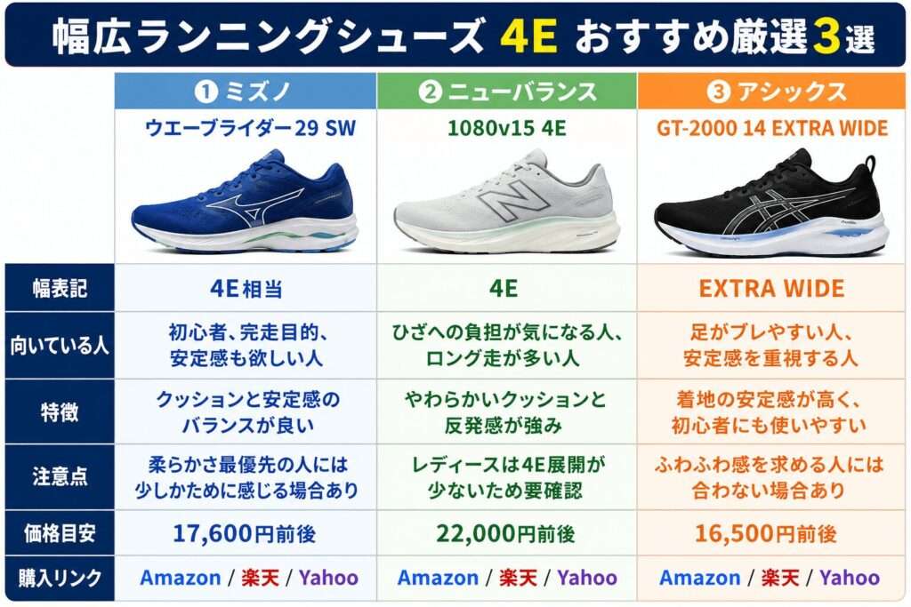 【2026年最新】4E幅広ランニングシューズおすすめ3選！ミズノ・ニューバランス・アシックスを比較