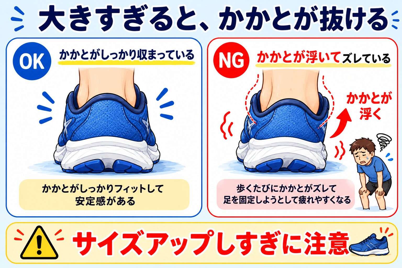 アシックス かかとが浮く サイズアップしすぎ注意