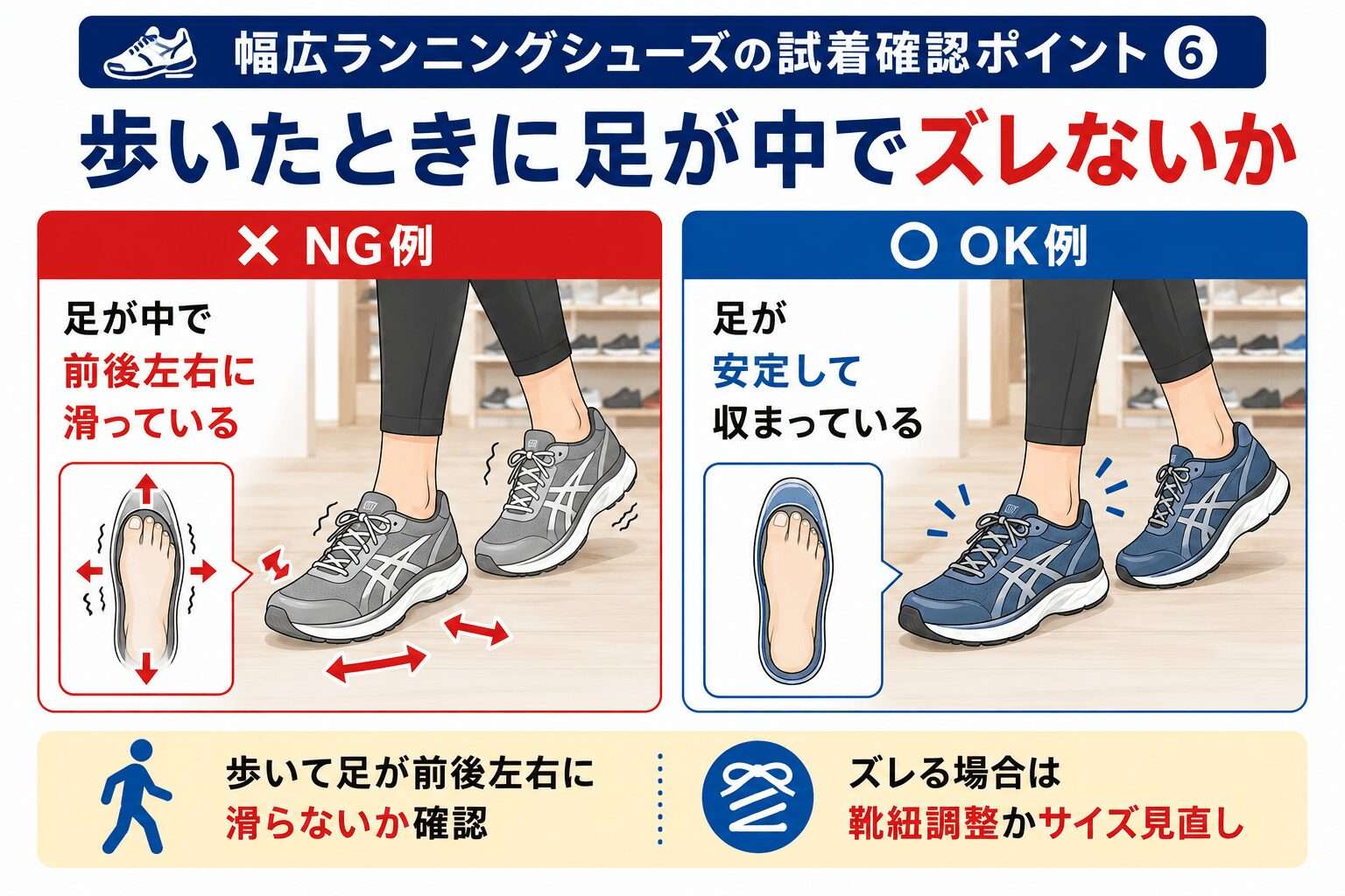 歩いたときに足が中でズレないか