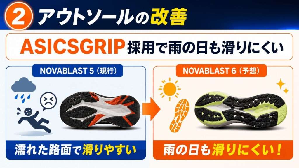アウトソールの改善：ASICSGRIP採用で雨の日も滑らない